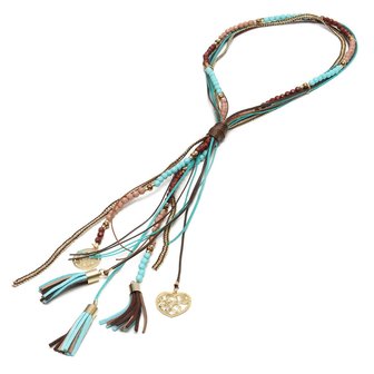 Lange ketting blauw/bruin met tassels en goudkleurige bedels