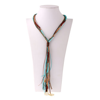 Lange ketting blauw/bruin met tassels en goudkleurige bedels