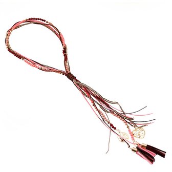 Lange ketting roze/bruin met tassels en goudkleurige munten