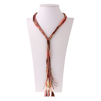 Lange ketting roze/bruin met tassels en goudkleurige bedels