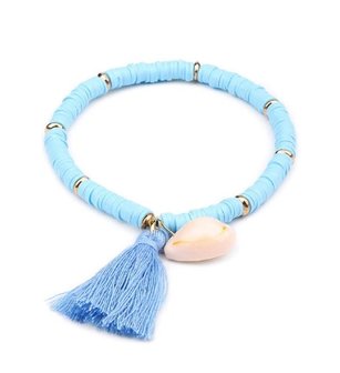 Armband summer , blauwe schijfkraaltjes met tassel en schelp bedel