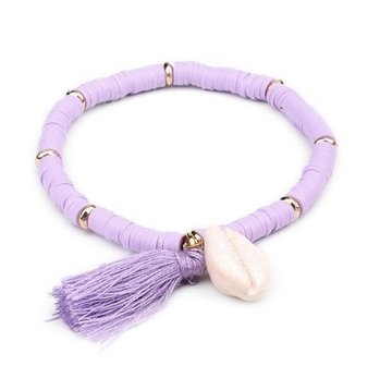 Armband summer , paarse schijfkraaltjes met een tassel en schelp bedel