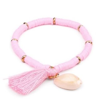 Armband summer , roze schijfkraaltjes met een tassel en schelp bedel