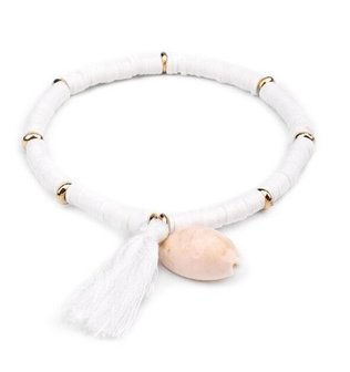 Armband summer , witte schijfkraaltjes met tassel en schelp bedel