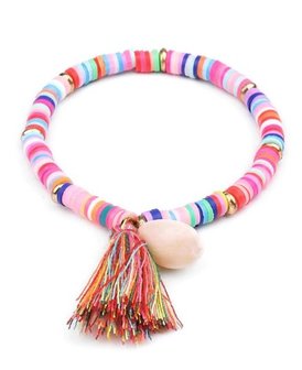 Armband summer , gekleurde schijfkraaltjes met gekleurde tassel en schelp bedel