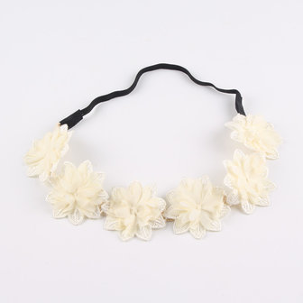 elastische haarband met 6 zacht gele stoffen bloemen