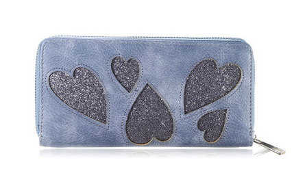 Portemonnee blauw grijs hearts met glitter