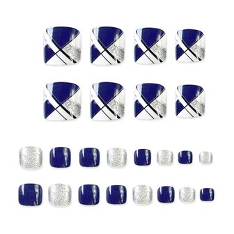 Nep teen nagels - Blauw/wit/zilver