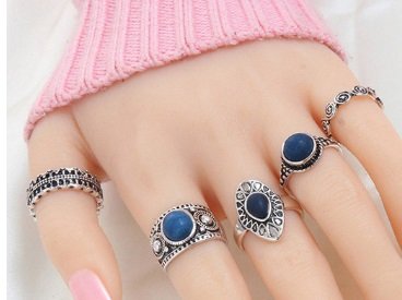 Ringen set 5 delig zilver/donkerblauw