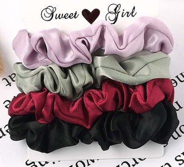 scrunchie set 4 stuks - Rood/zwart/groen/roze