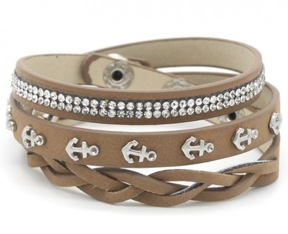 Wikkelarmband strass &amp; ankers - Bruin