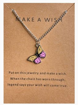 Make a wish ketting vlinder - Zilver/geel/roze
