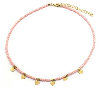 Ketting glass beads hearts - Roze