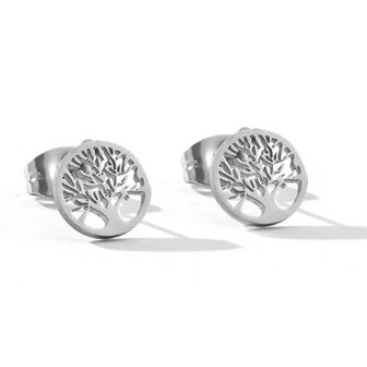 Stainless steel oorknopjes tree of life - Zilver