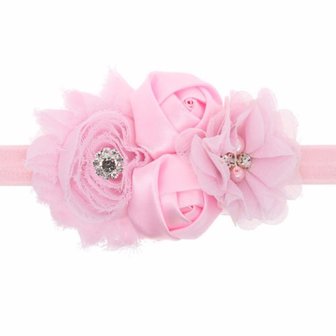 Elastische haarband met 3 bloemen roze