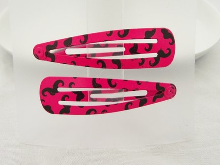 Haarspeldjes / Klik klak speldjes roze met zwarte snor print