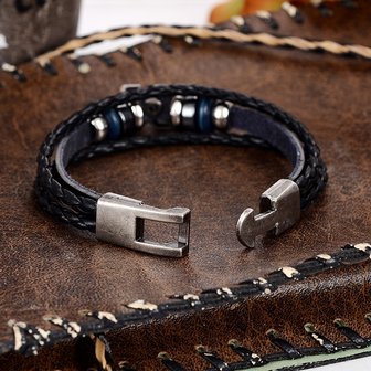 Heren armband leer zwart met metalen sluiting (blauw)