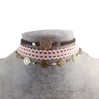 Choker set bruin/roze/goud