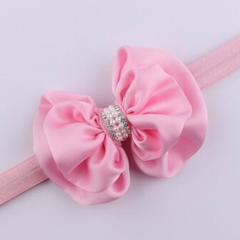 Elastische haarband strik met parels - roze