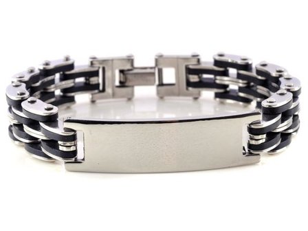 Heren armband zilver/zwart met metalen plaatje