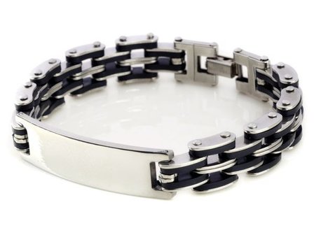 Heren armband zilver/zwart met metalen plaatje