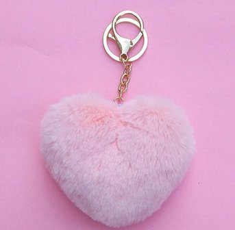 Sleutel/tas hanger pluis hart  - Licht roze