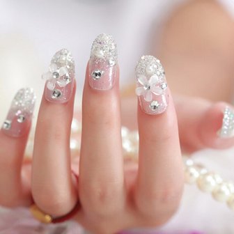 Press-on nagels zilver glitter met strass en bloem