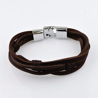 Heren armband bruin leer met zilveren haaksluiting