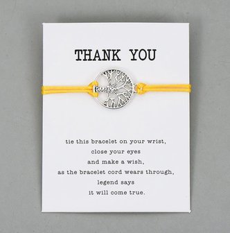 Giftcard thank you met gele armband met zilveren levensboom