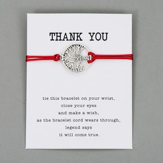 Giftcard thank you met rode armband met zilveren levensboom