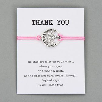 Giftcard thank you met roze armband met zilveren levensboom