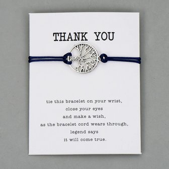 Giftcard thank you met zwarte armband met zilveren levensboom