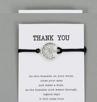 Giftcard thank you met zwarte armband met zilveren levensboom