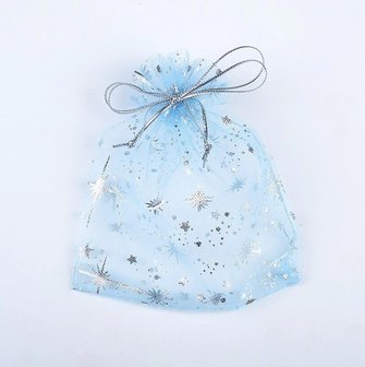 Organza zakje zilveren sterren print - Blauw