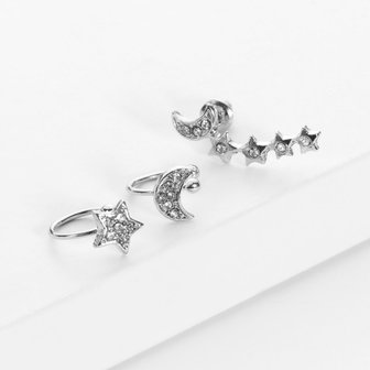 3 delige oorbellen/earcuff set - Zilver