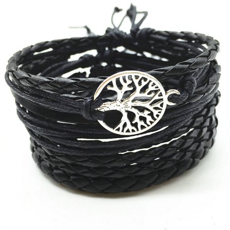 Heren armband zwart leer 5 delig