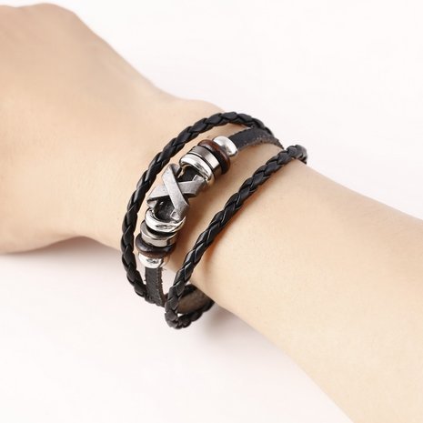 Heren armband leer zwart met metalen sluiting (bruin)