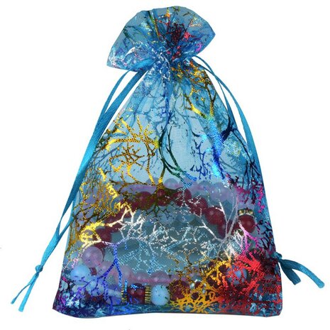 Organza zakje blauw met gekleurde print