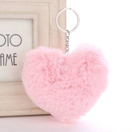 Sleutel/tas hanger pluis hart  - Licht roze/zilver