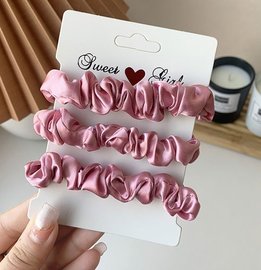 Set 3 smalle satijnen scrunchies - Oud Roze