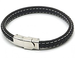 Heren armband leer/stainless steel - Bruin