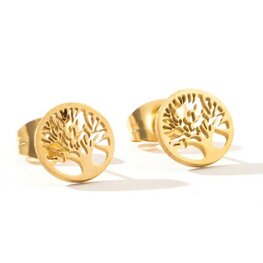 Stainless steel oorknopjes tree of life - Goud