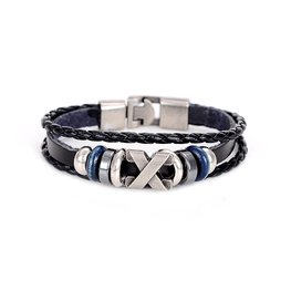 Heren armband leer zwart met metalen sluiting (blauw)