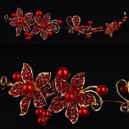 Buigbare tiara bloem met strass en parels goud/rood