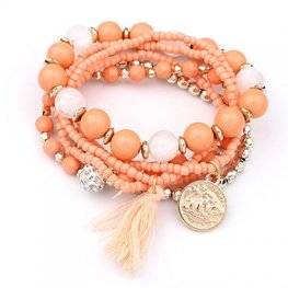 Set van 6 kralen armbanden met kwastje - zalm oranje