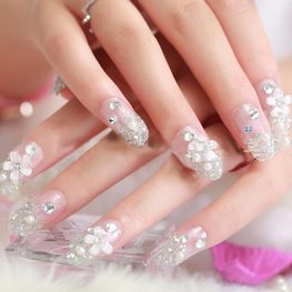 Press-on nagels zilver glitter met strass en bloem